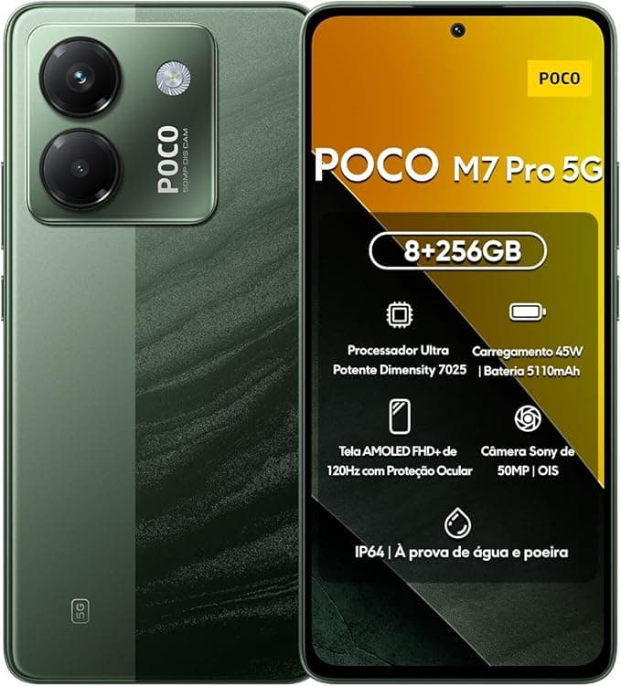 Xiaomi Smartphone POCO M7 Pro 5G 256GB | 8GB/12GB RAM | Processador Ultra Potente Dimensity 7025 | Tela AMOLED FHD  120Hz com Proteção Ocular | Bateria 5110mAh com 45W Turbo Charge (Verde, 8 256GB)