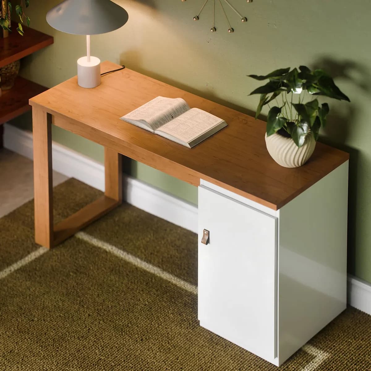 Mesa Escrivaninha Paris Com Gaveteiro Para Pc E Computador Cor Canela Branco