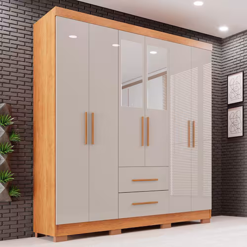 Guarda-roupa Casal com Espelho 6 Portas 2 Gavetas Estrela Premium Cinamomo/Off-White - Off White