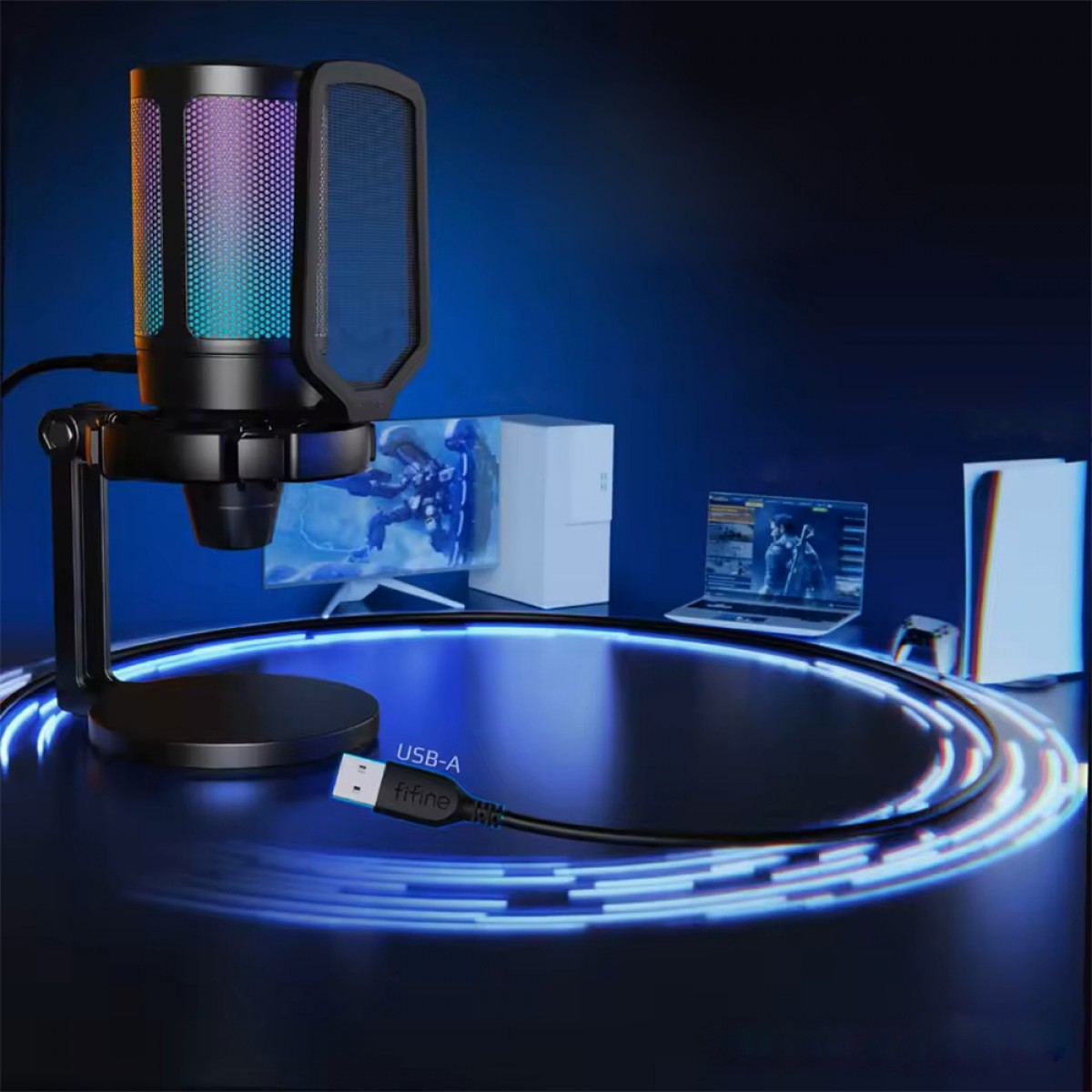 Microfone Gamer Fifine Ampligame A6NEO, RGB, USB, Black