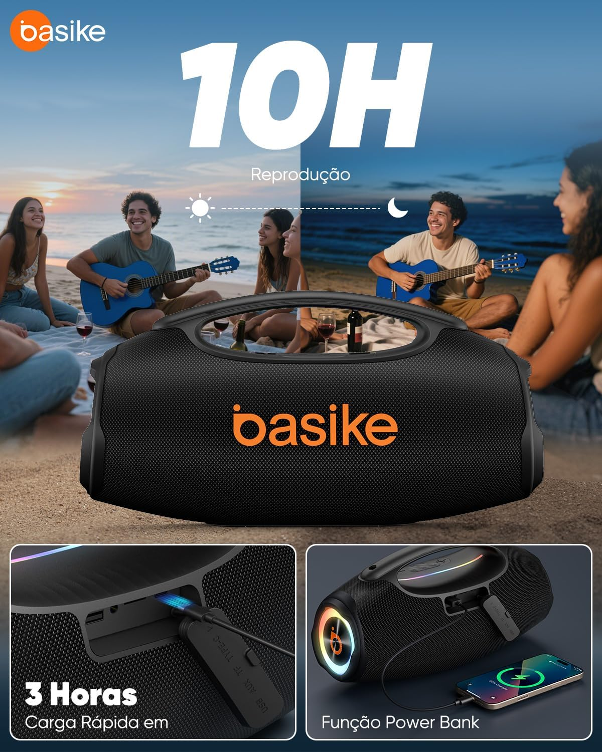 Basike Caixa de Som Bluetooth Portátil 80W RMS (Pico 120W) – Preto