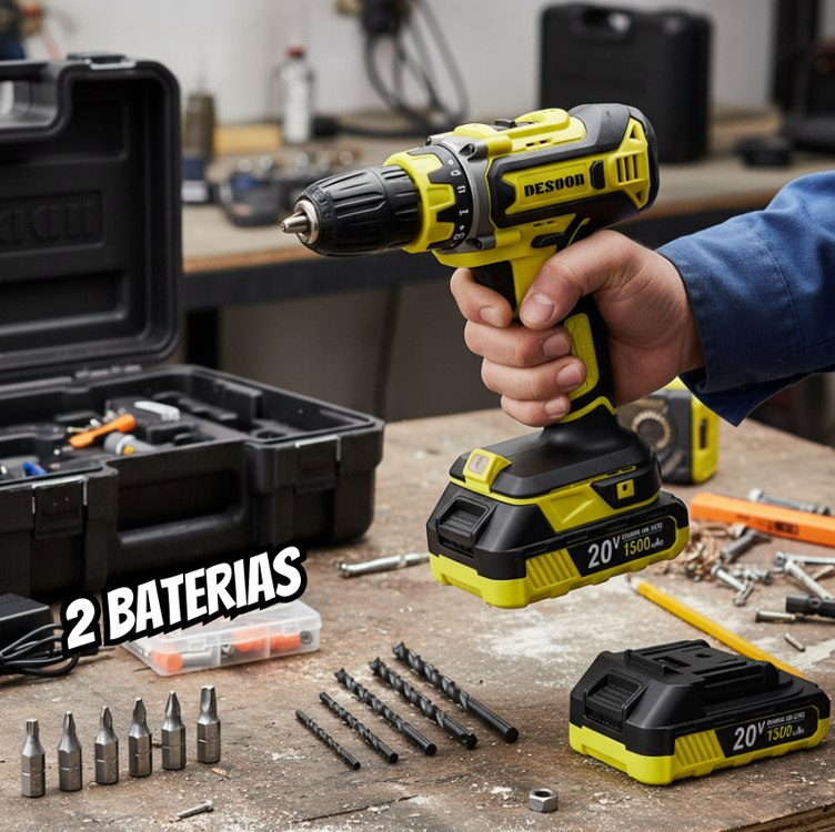 Furadeira E Parafusadeira De Impacto 20V Desoon Motor 100% Cobre Torque 42Nm 2 Baterias De Lítio Recarregável Com Maleta De Transporte   13 Peças Acessórios Profissional Velocidade Variável 3/8 Pol