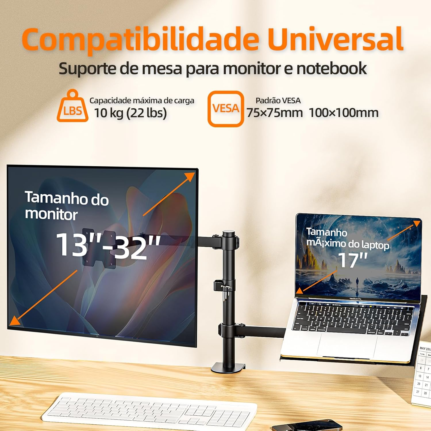 BAZIK Suporte Articulado para Monitor e Notebook – Braço Ajustável com Bandeja para Notebook até 17", Monitores de 13'' a 32'', Suporte para Monitor Duplo com Ergonômico com Organização de Cabos