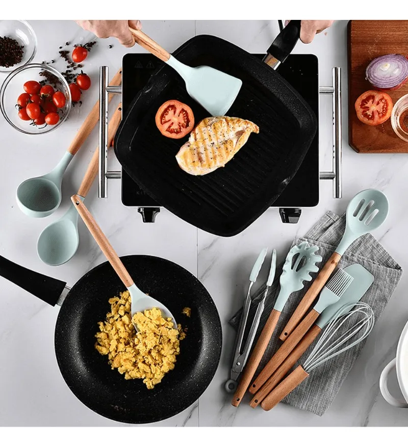 Kit 12 Utensílios P/cozinha Colheres Silicone/madeira Preto