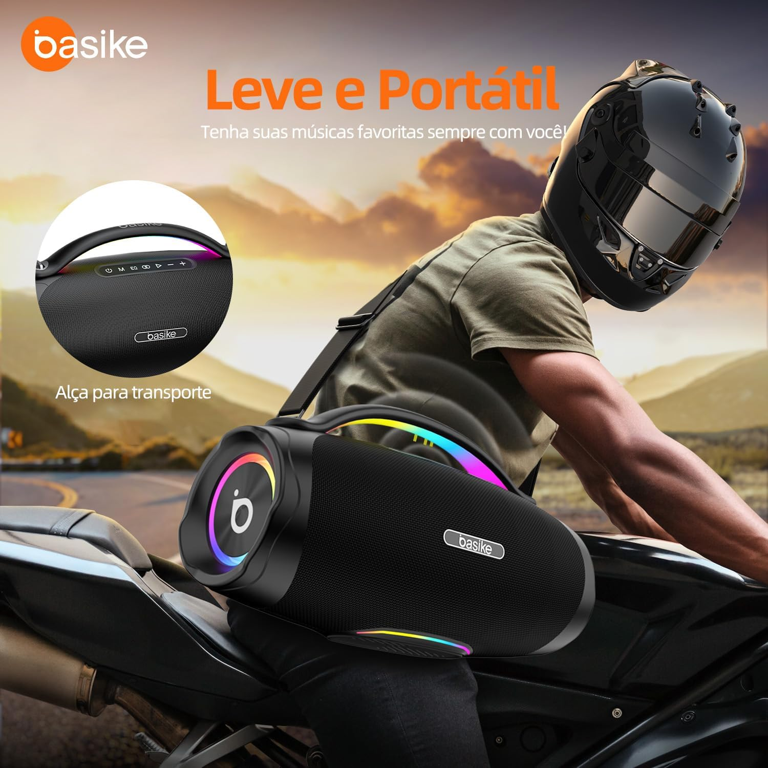 Caixa de Som Bluetooth Portátil 200W, Basike Boombox V97 Pro com Powerbank, IPX6 À Prova D'água e Resistente À Poeira, Luz RGB Surround, Tecnologia TWS, 8h de Autonomia, EQ/TWS/TF/AUX