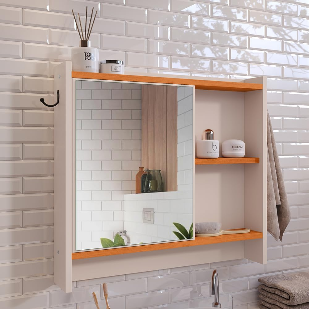 Armário Com Espelho Porta Gancho Para Toalha Banheiro Genova (Off White/Cinamomo2)
