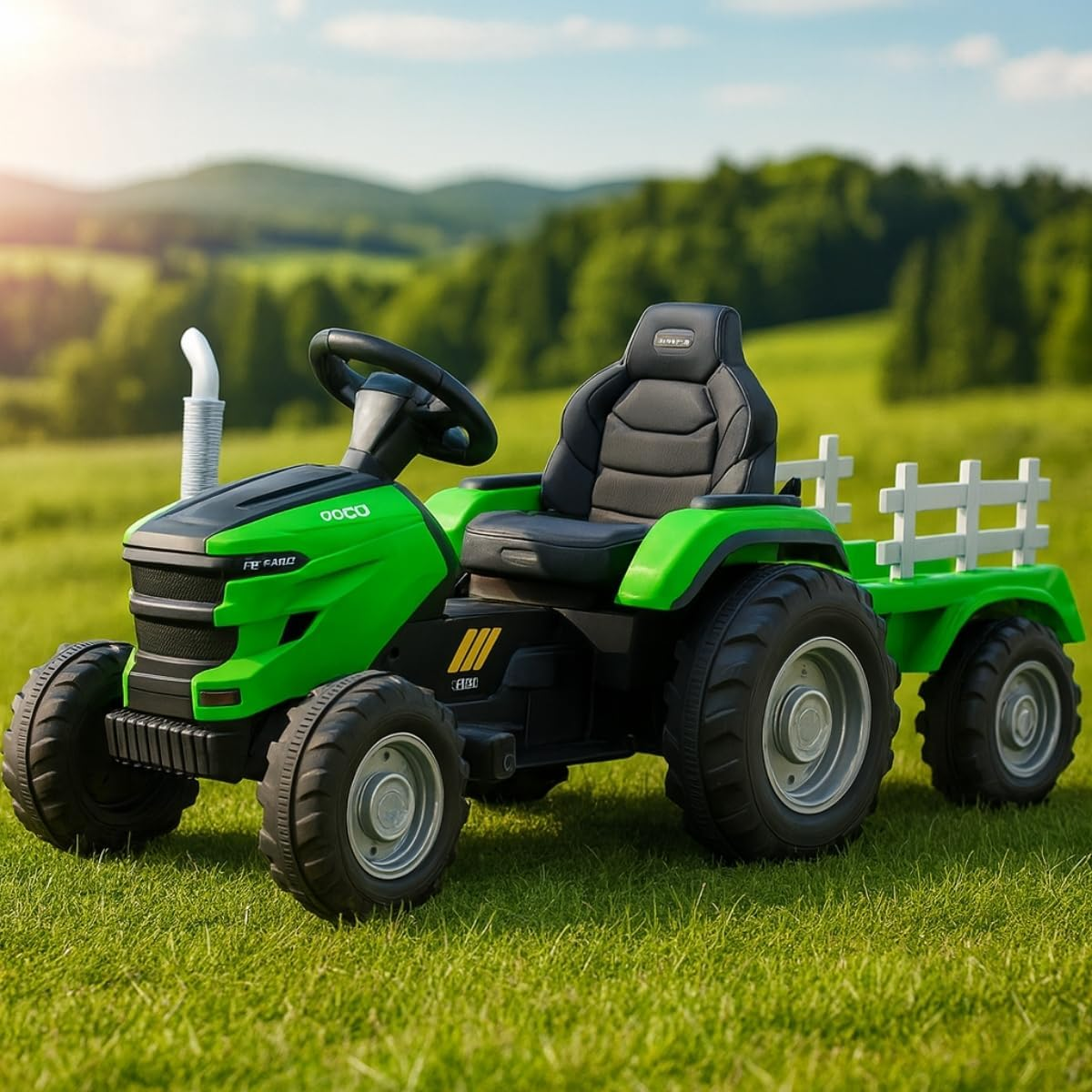 Trator Elétrico Infantil 12V Controle Remoto Som Luz e Carreta (Verde)