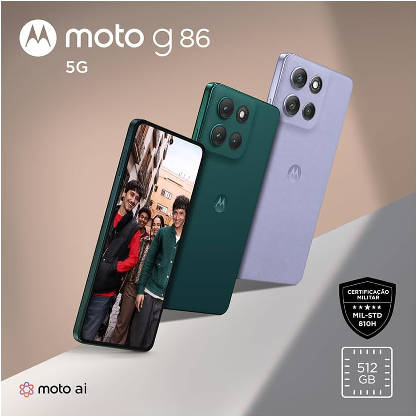 Smartphone Motorola Moto g86 5G - 512GB 24GB (8GB RAM 16GB Ram Boost) Tela 1.5K pOLED, 50MP Sony camera OIS Moto AI, videos em 4K, IP68   IP69 - Lilas