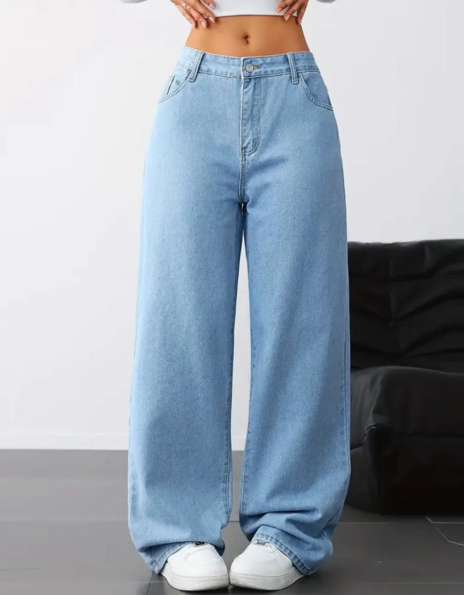 Calça Wide Leg Jeans Feminina Reta Perna Larga Empina Bumbum