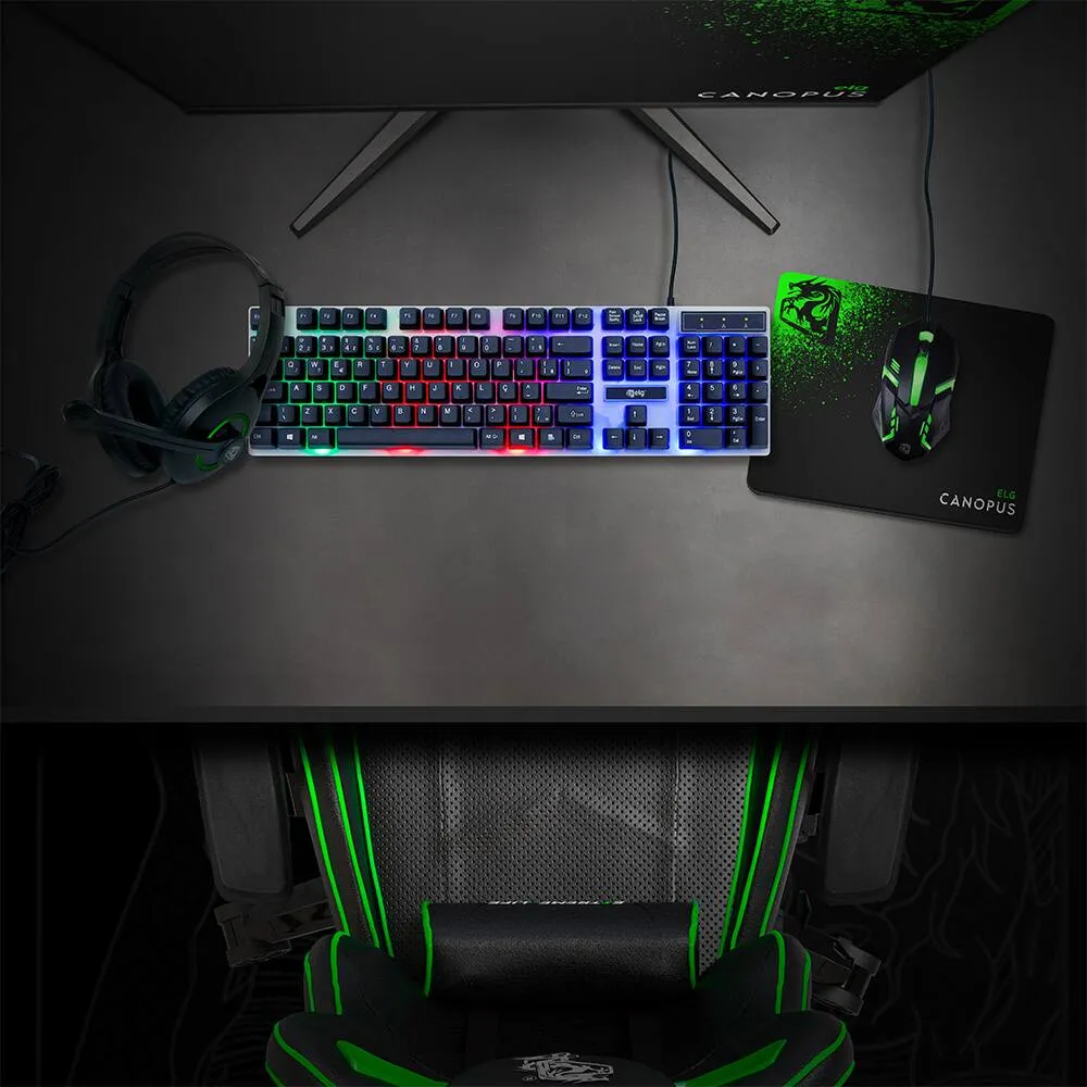 Combo Gamer 4 em 1 Canopus ELG, Kit com Teclado 107 Teclas ABNT2 com Iluminação Backlight, Mouse Ergonômico, Headset Over-Ear, Mousepad, CGCS41