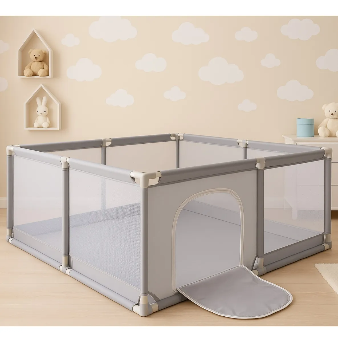 Cercadinho Bebê Chiqueirinho Cercado Tela Infantil 120cm Dox Cinza Liso