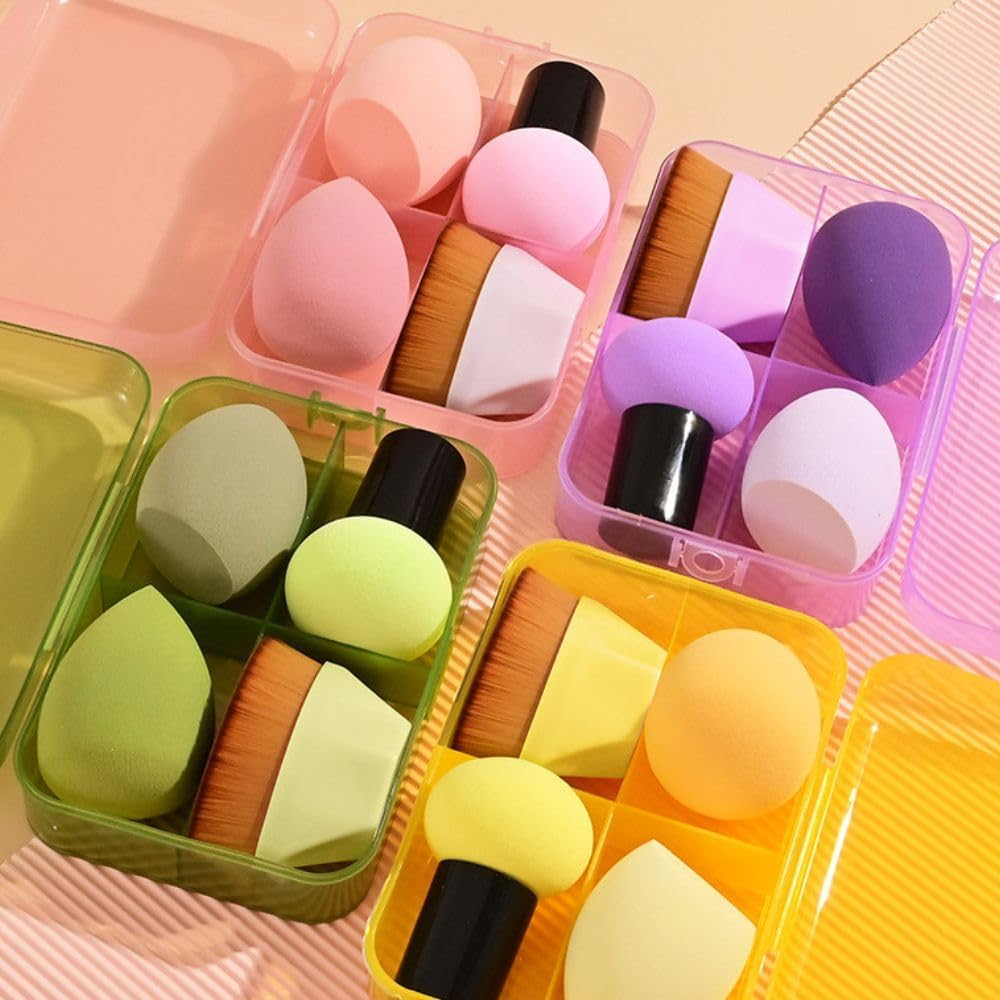 Kit Esponjas e Pincel para Maquiagem Profissional com Estojo – 1 Pincel Hexagonal, 1 Esponja Cogumelo, 2 Esponjas Gota 3D – Aplicação de Base, Corretivo, Contorno, Pó, Blush e Iluminador