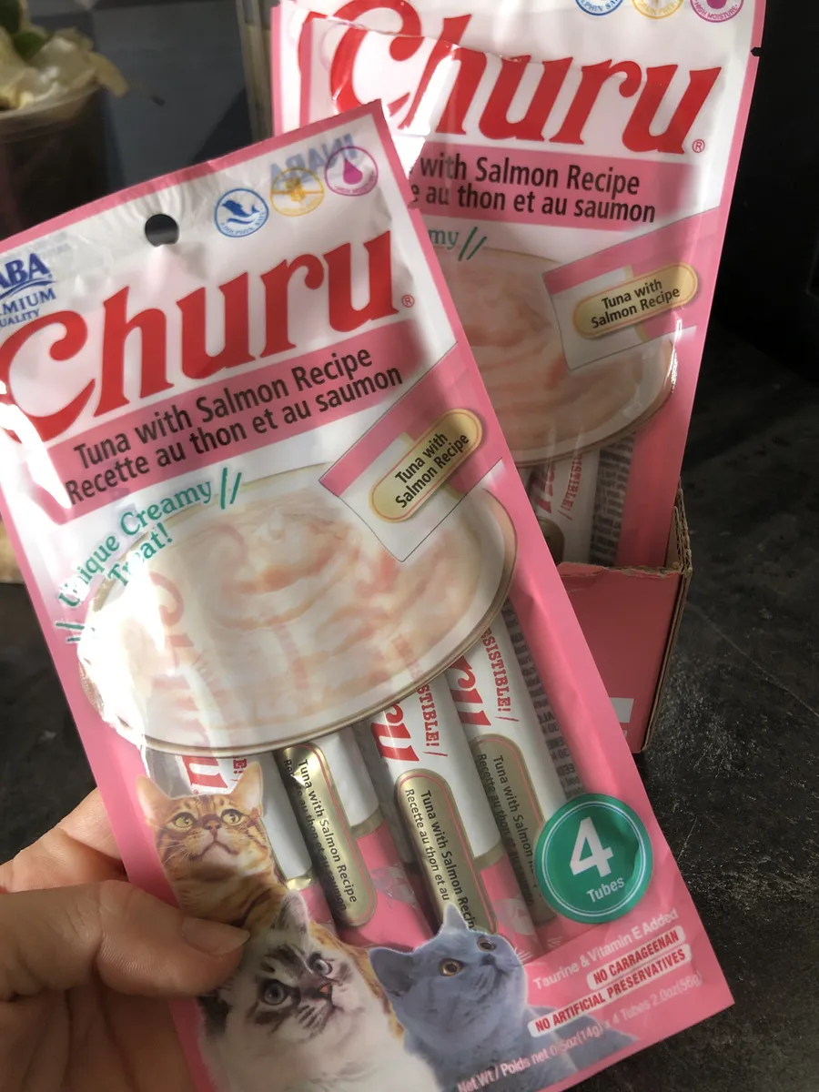 Kit 6 Unidades Gatos Churu Atum E Salmão 14g X 4 = 56g (24 saches) Petisco Alimento Úmido