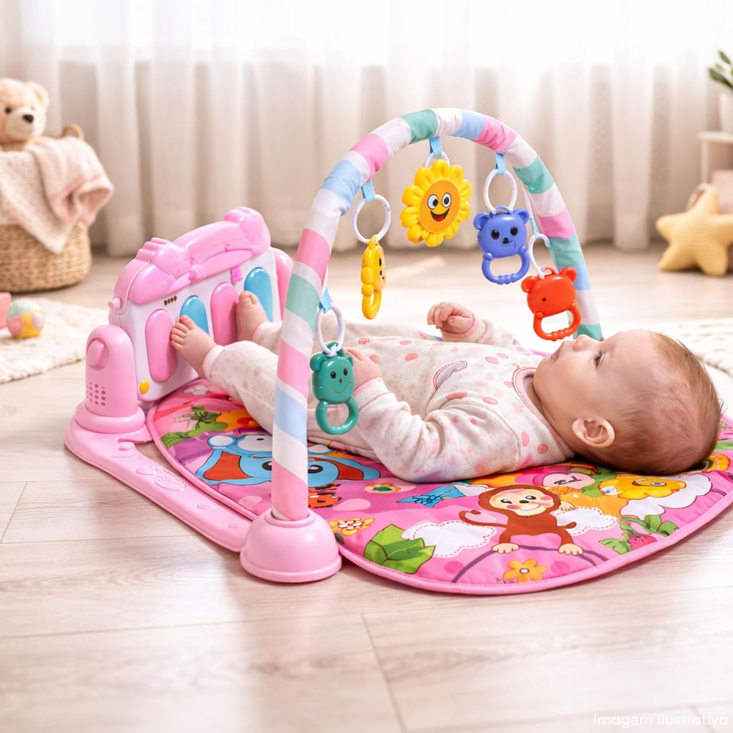 Tapete de Atividades Musical com Piano para Bebê, Arco de Brinquedos Interativos, Estampado e Cores Vibrantes (Rosa)