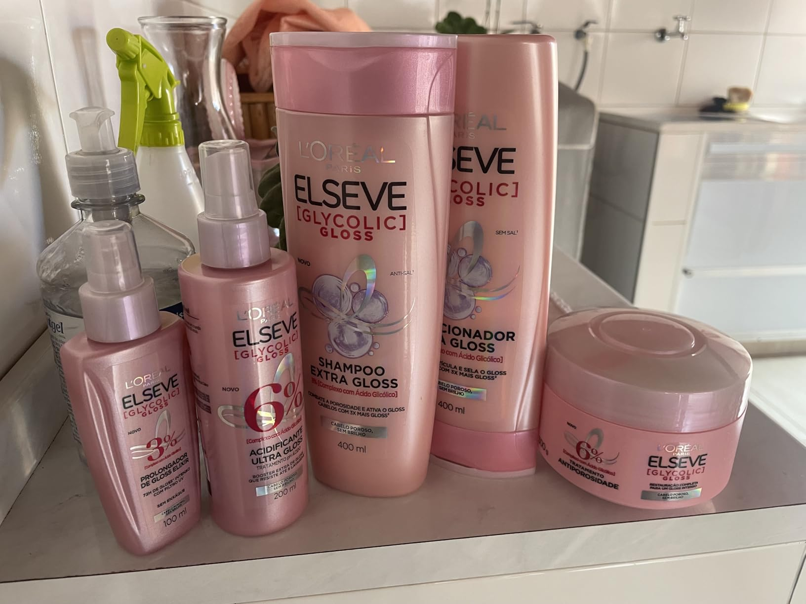 Kit Tratamento Capilar L'Oréal Paris Elseve Glycolic Gloss, Combate Porosidade, 5 Produtos para Brilho e Alinhamento