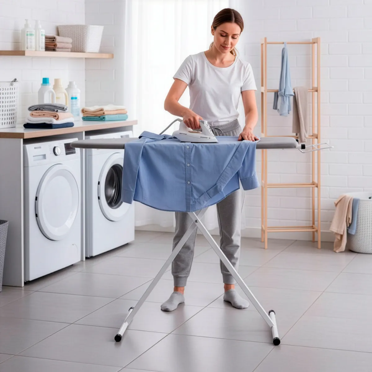 Tabua De Passar Roupa Reforçada Com Porta Ferro 3 Alturas Cor Branco Liso