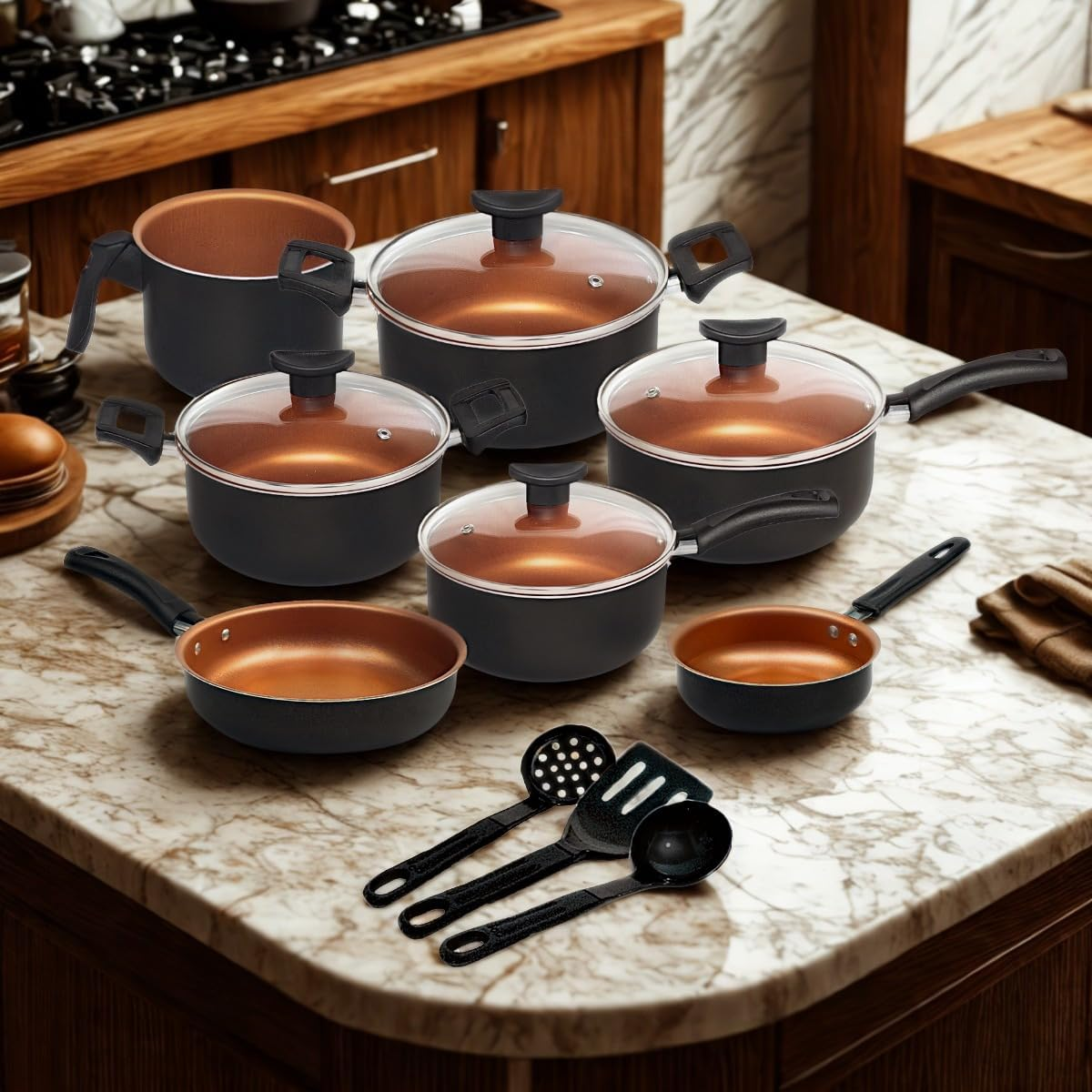 Conjunto de Panelas Antiaderente com Tampa de Vidro, 9 Peças, Revestimento Teflon, Cor Cobre, Utensílios em Nylon, Frigideiras e Caçarolas