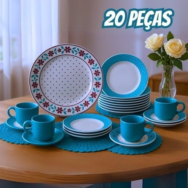 Aparelho de Jantar e Chá 20 Peças Biona de Cerâmica Redondo Branco e Azul Claro Donna Oxford