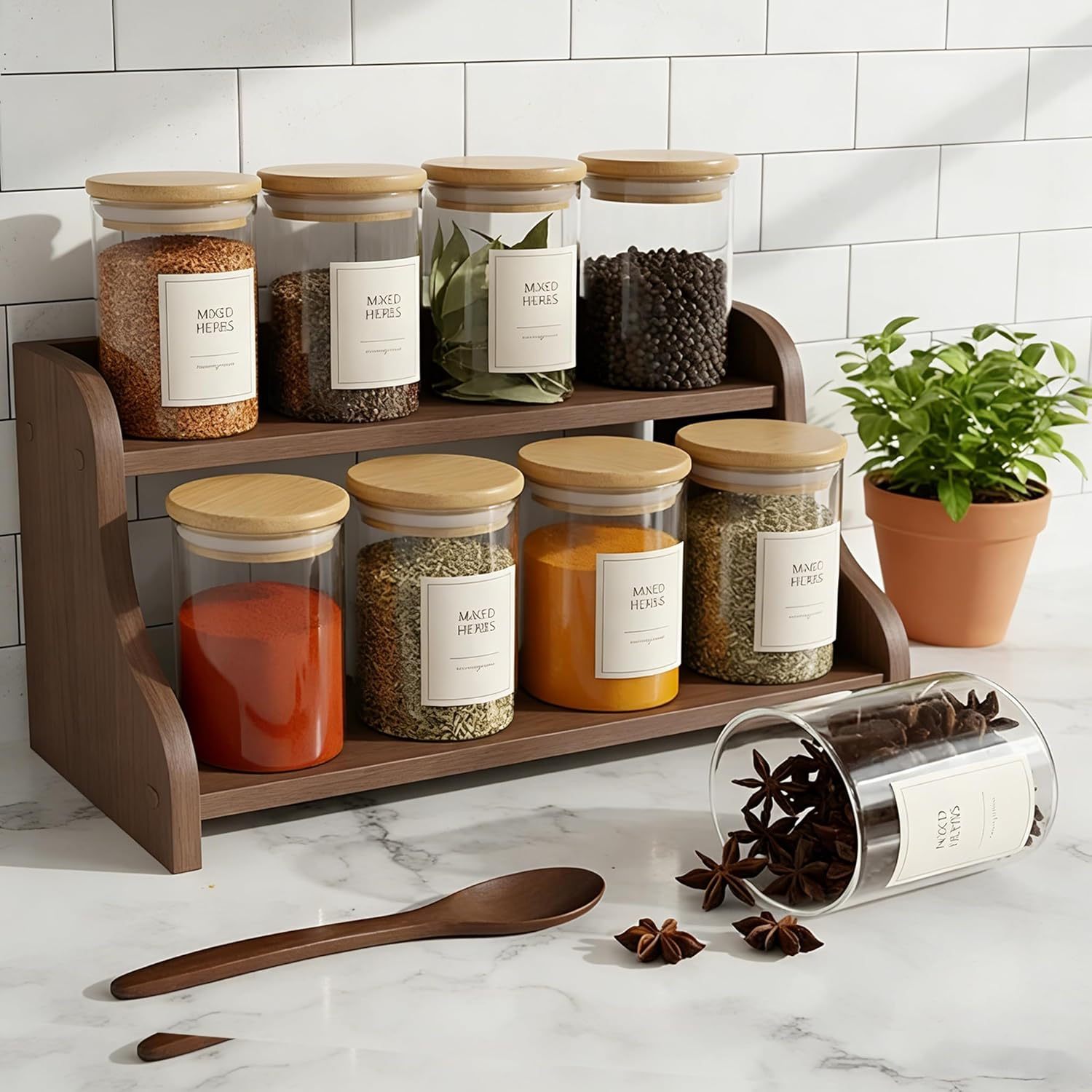 Potes Herméticos de Vidro com Tampa de Bambu - Kit 6 Unidades 200ml 