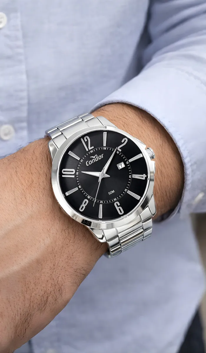 Relógio De Pulso Condor Com Corria De Aço Inoxidável Cor Prateado - Fondo Preto