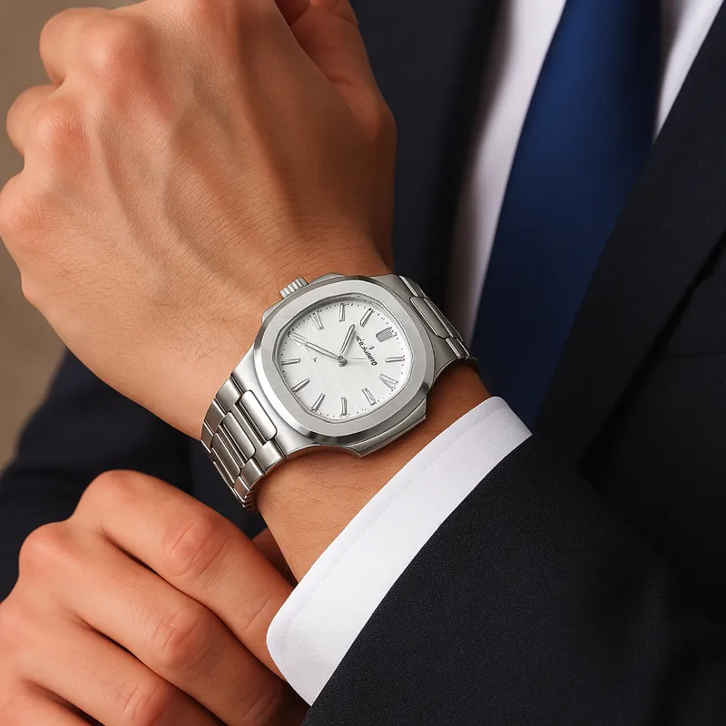 Relógio Luminoso Clássico Poedagar Com Calendário De Aço Ino Fundo Branco