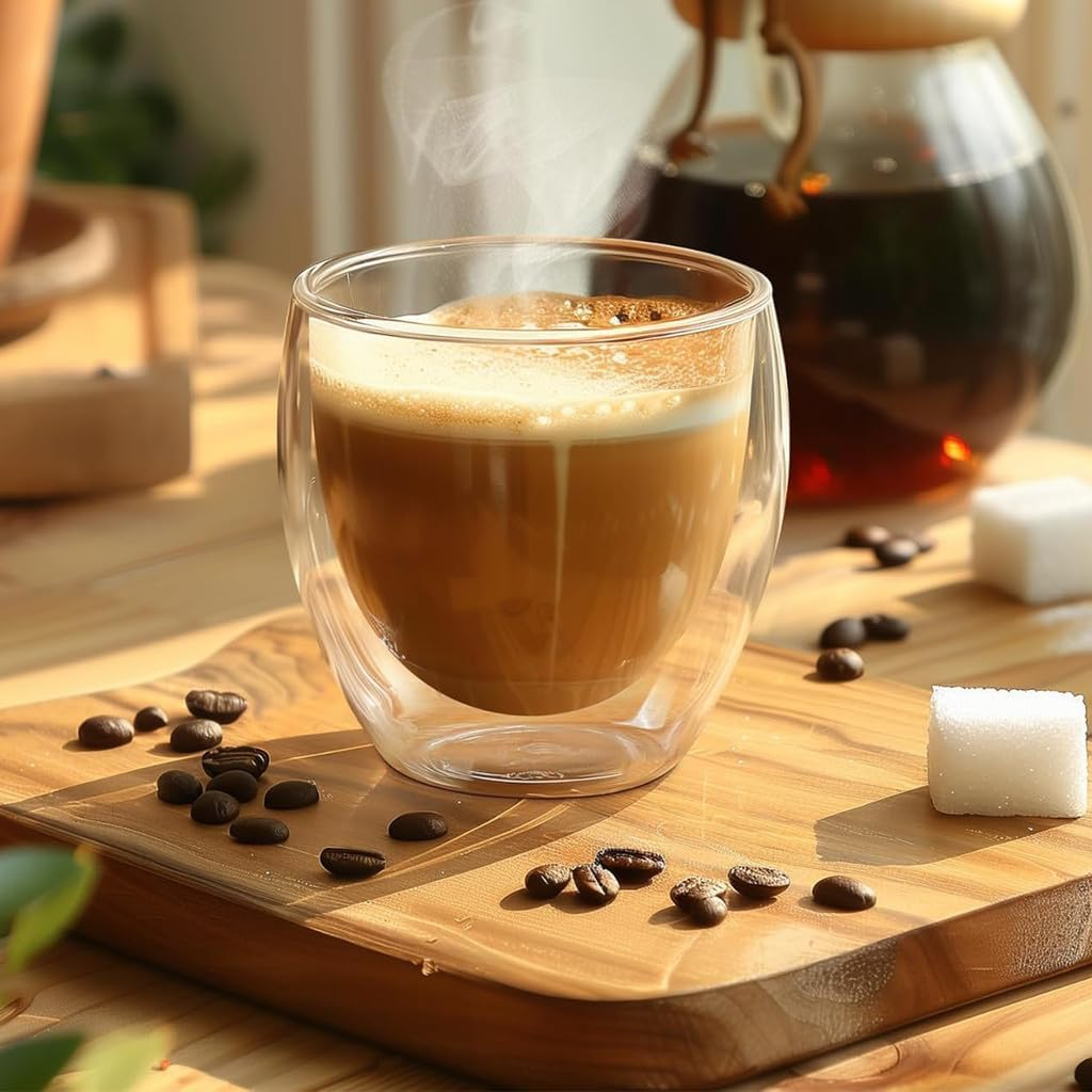 Conjunto com 6 Xícaras de 80ml Vidropara Café de Parede Dupla, Feito de Vidro Borossilicato - Kit de Xícaras para Chá, Café e Bebidas Quentes- Presente Elegante