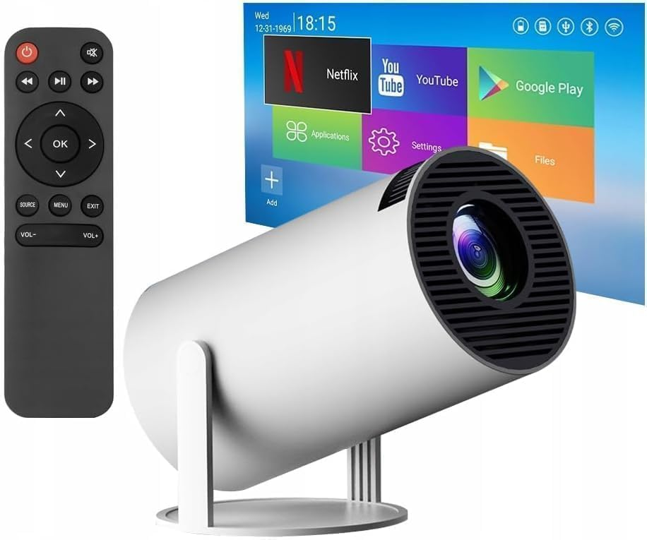 Mini Projetor Portátil 5G Wi-Fi 6 Bluetooth 5.0 Android 11 4K 1080P Full HD 8000 Lumens LED Auto Correção Trapezoidal Horizontal Rotação 180° Ideal para Projeções Cinemáticas