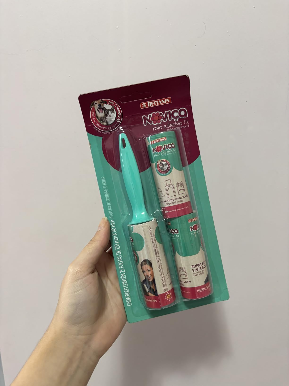 Noviça - Rolo Adesivo Fit com 25 Folhas Tira Pelos, Acompanha 2 Refis, Bettanin