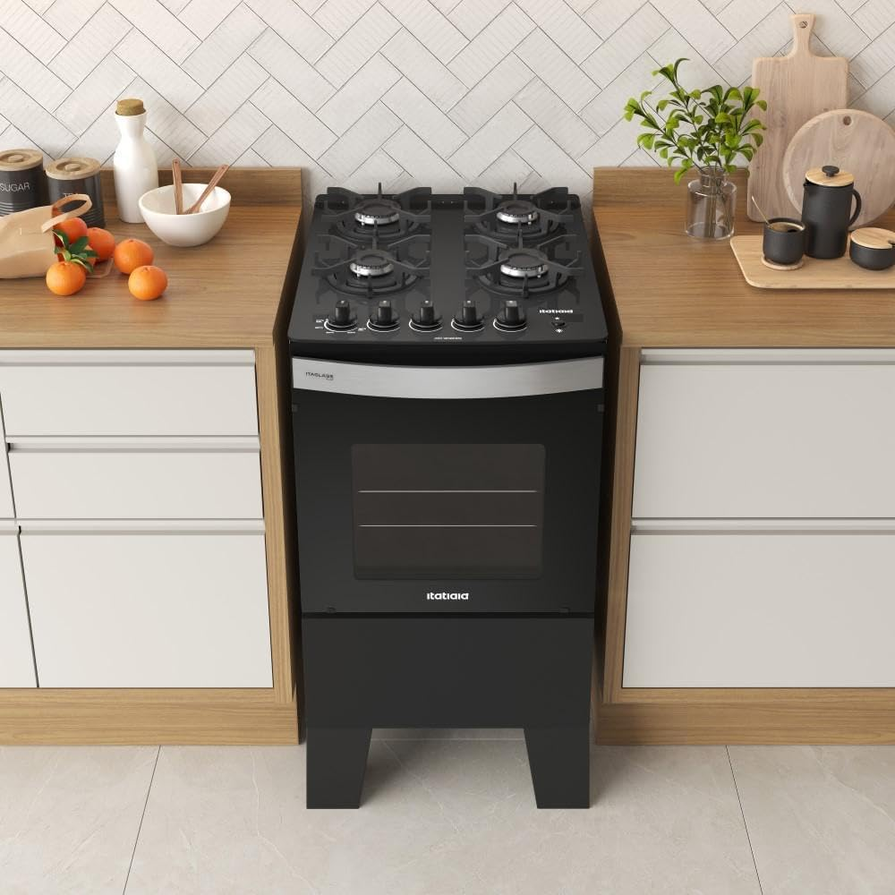 Fogão 4 Bocas a Gás Itatiaia Itaglass Plus Mesa de Vidro Acendimento Automático Preto Bivolt