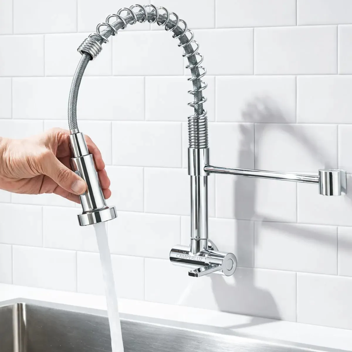 Torneira Monocomando Cozinha Aço Bica Gourmet Parede Flexivel Pia Linha Alto Padrão Cor Prateada - Marca Camperluz