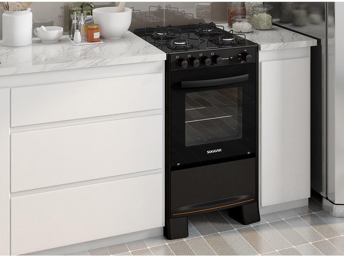 Fogão Suggar Cook Glass 4 Queimadores Mesa Vidro Preto Bivolt FGVCG410PT