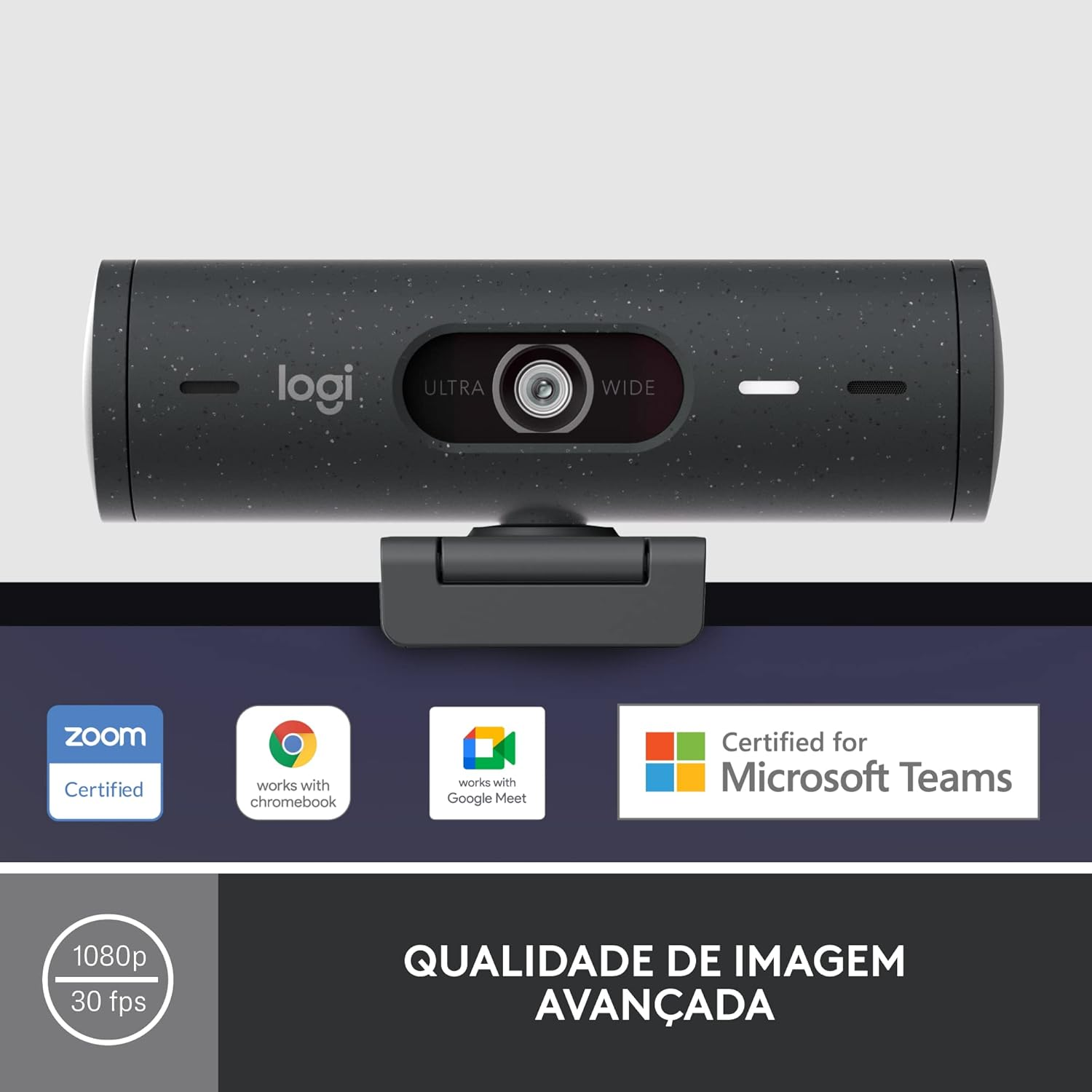 Webcam Full HD Logitech Brio 500 com Microfones Duplos com Redução de Ruídos, Proteção de Privacidade, Correção de Luz e Enquadramento Automático - Grafite