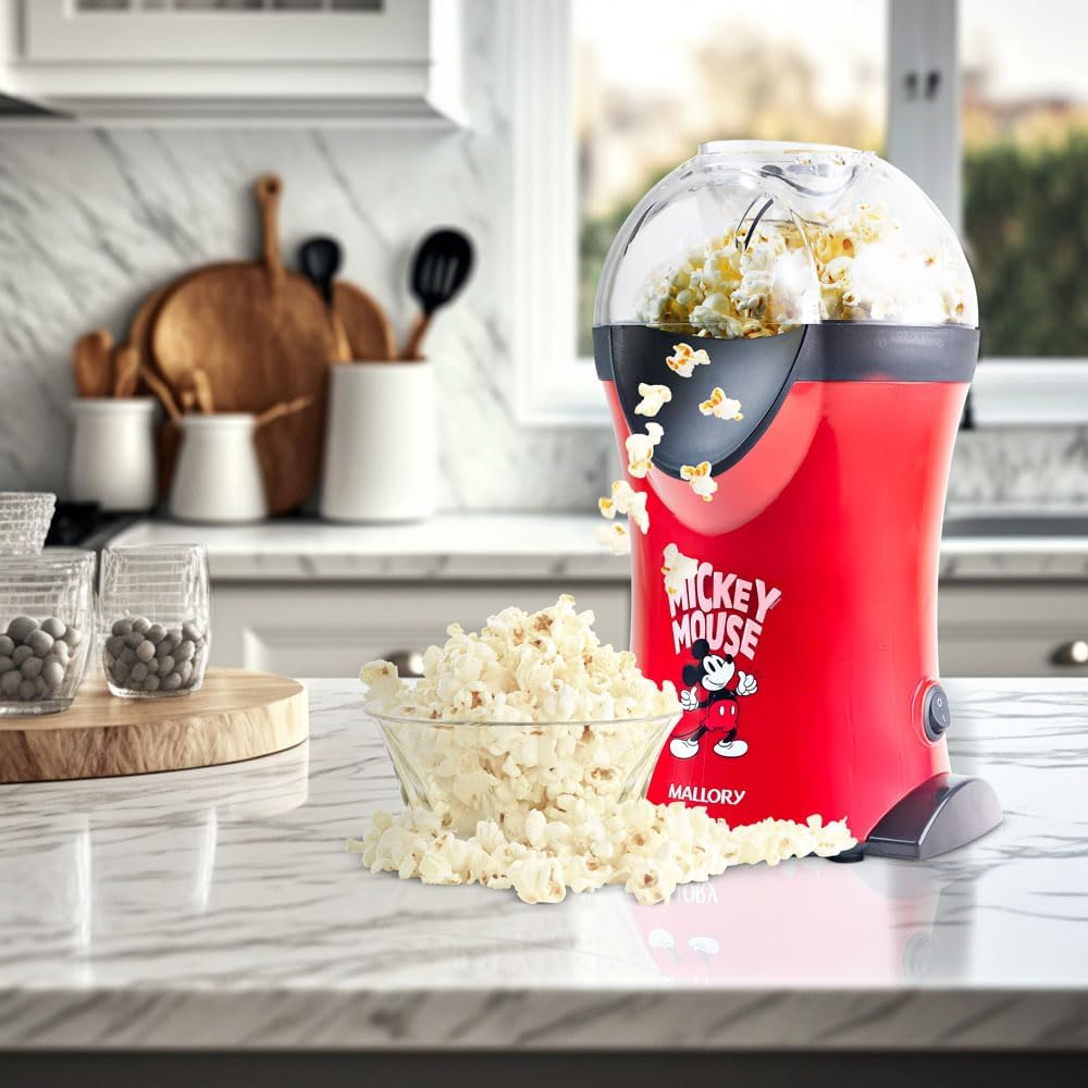 Pipoqueira Elétrica Mallory Mickey Mouse – Pipocas Sequinhas e Sem Óleo, Bocal Expedidor, Copo Medidor para Manteiga e Pés Antiderrapantes - 127V
