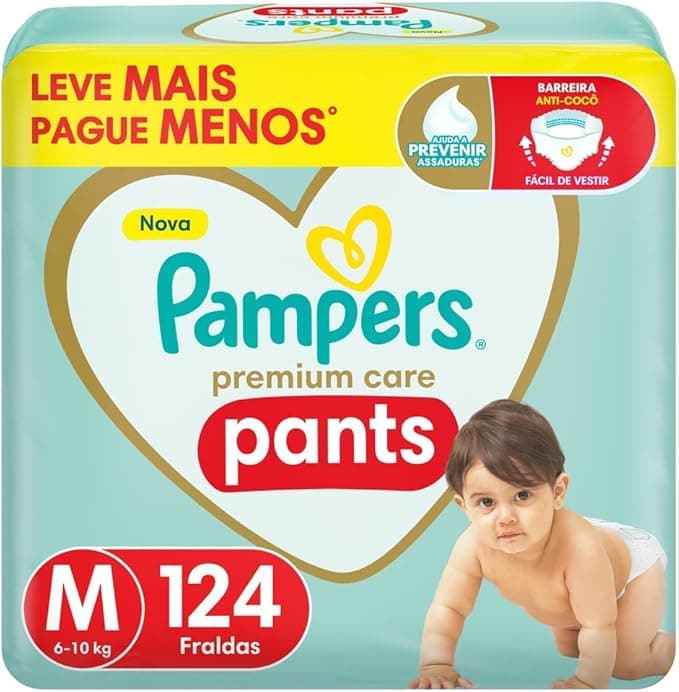 Pampers Premium Care Pants Fralda Tamanho M 124 Unidades, Fácil de Vestir
