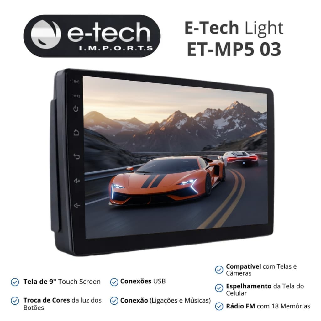 Central Multimidia 9 Pol Espelhamento Android Ios E-Tech Light 2 Din Fundo 1 Din Bluetooth Usb Fm