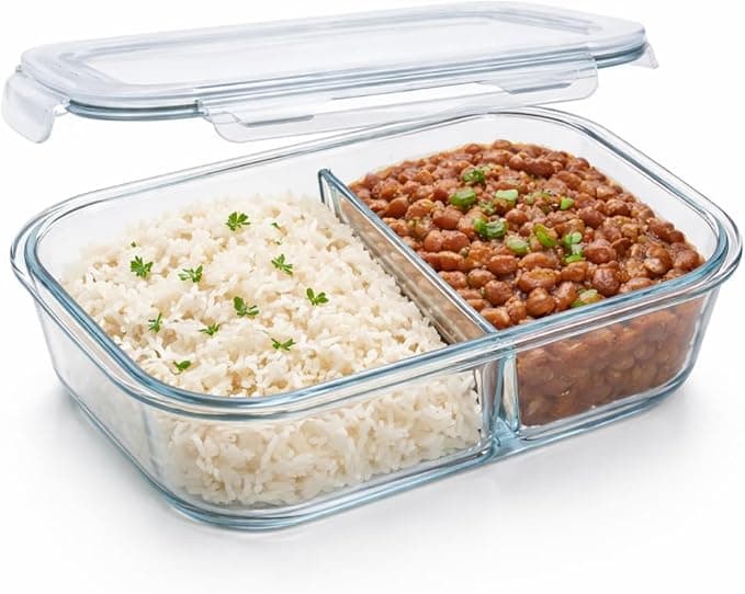 Pote Marmita de Vidro Borossilicato com Divisória | Pote Hermético 2 Compartimentos, 1040ml, 18x13,5x6cm