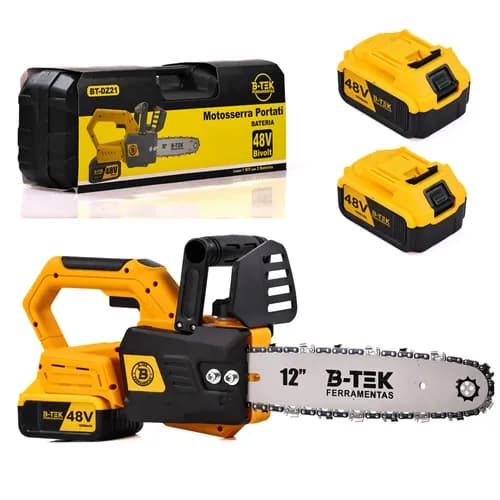 Motoserra Elétrica 12 Polegadas 2 Baterias 48v Portátil 110/220v Bivolt Recarregável Profissional 3000w Forte Potente Sem Fio Moto Serra Portátil Kit Completo C/maleta De Transporte +Corrente Extra