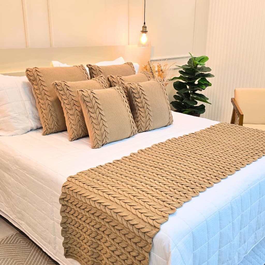 Kit Peseira Manta Tricot Sofá Cama Casal Queen King Aconchego Home Decor 2 Capas Almofadas