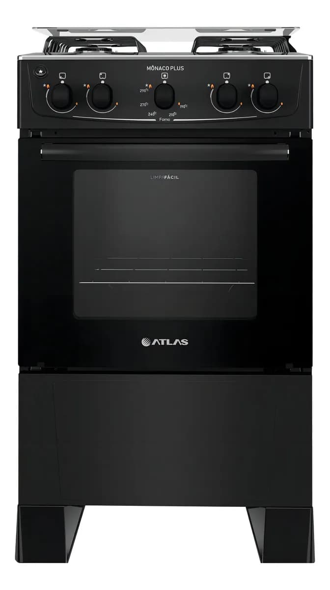 Fogão 4 Bocas Atlas Mônaco Plus Preto Com Mesa Inox E Acendimento Automático Bivolt