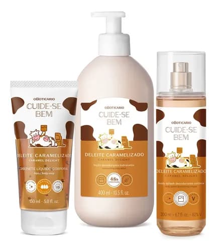Combo Cuide-se Bem Deleite Caramelizado: Body Splash 200ml Loção Corporal 400ml Sabonete Líquido 150ml