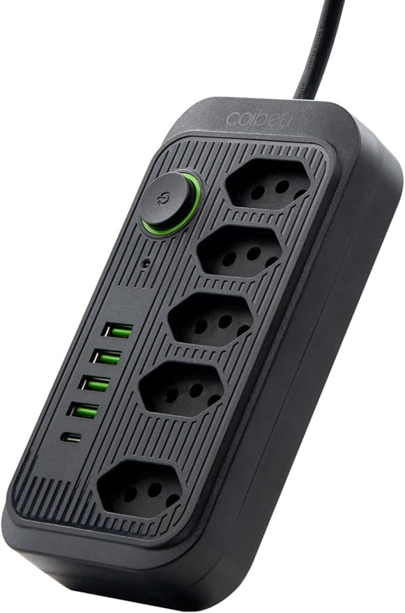 Extensão Tomada, Régua Tomada, Régua de Energia, 5 Tomadas, 4 Interfaces USB, 1 Porta USB Tipo-C, Cabo de Alimentação de 1,9 metros, Suporte a Tensão de 110-220V, Potência de 2500W (Preto)