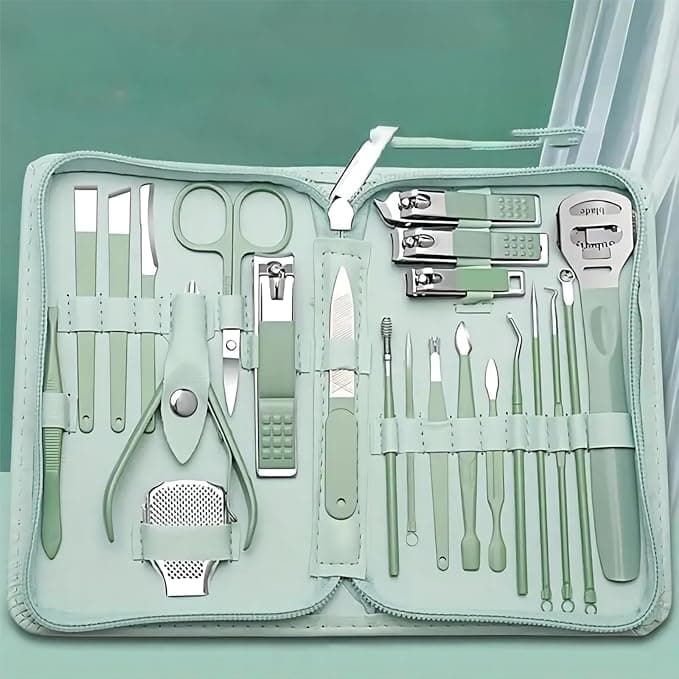 Conjunto de 22 cortadores de unhas, ferramentas de beleza, conjunto portátil, 22 em 1, adequado para viagem, kit de manicure de viagem, kit de conjunto de unhas com tudo profe, verde