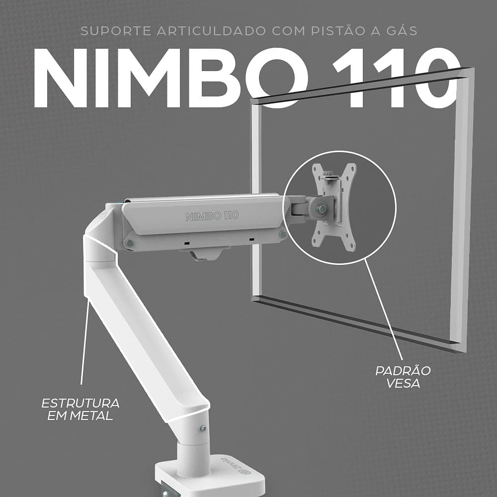 Suporte Articulado Para Monitor e TV Zinnia Nimbo 110, 13 Pol. a 32 Pol., Branco, ZNO-ZNNBO110-WH01