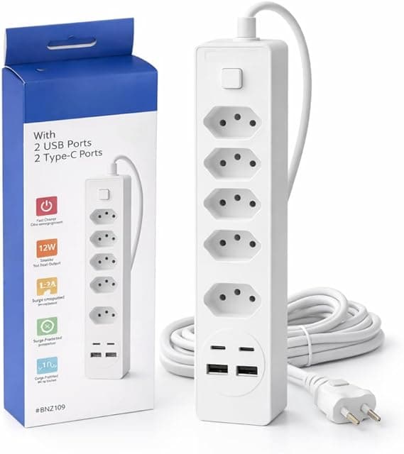 Filtro de Linha Premium Bivolt 2500W com 5 Tomadas 3 Pinos, 2 USB e 2 USB-C, Cabo Branco Longo, Botão Liga/Desliga, Proteção Elétrica – Extensão Ideal para Casa, Escritório e Eletrônicos
