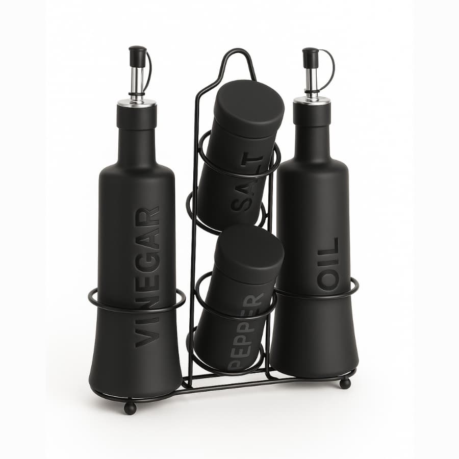 Kit 5 Peças Galheteiros E Saleiros Com Suporte Bico Dosador