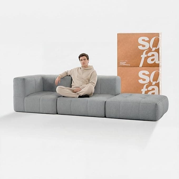 Sofá na Caixa modular 2 lugares em Boucle - 1 Braço com Chaise (Cinza)