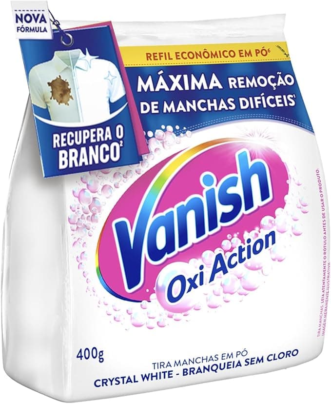 Tira Manchas em Pó Vanish Crystal White Oxi Action 400g para roupas brancas Refil Econômico
