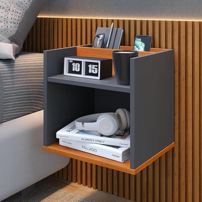 Mesa de Cabeceira Suspensa com Porta Objetos Celular e Nicho (Cinza/Cinamomo)