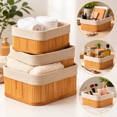 Kit 3 Cestos Domésticos Organizadores De Bambu Multiuso Com Forro Cestos Bambu Forro Lavável Retangular Armazenar Objetos Organizadores Retangulares Multiuso Casa
