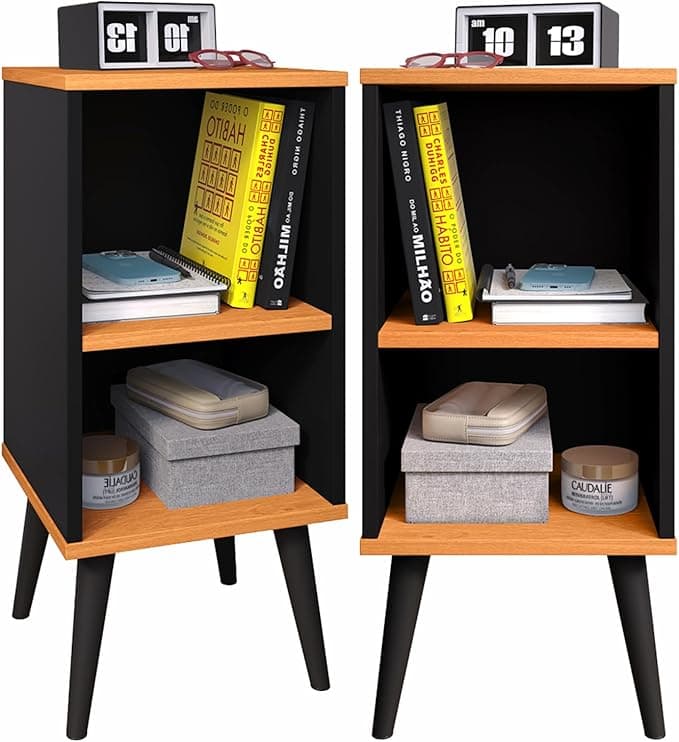 Kit 2 Mesa de Cabeceira Retrô com Prateleira Charme (Preto/Cinamomo)